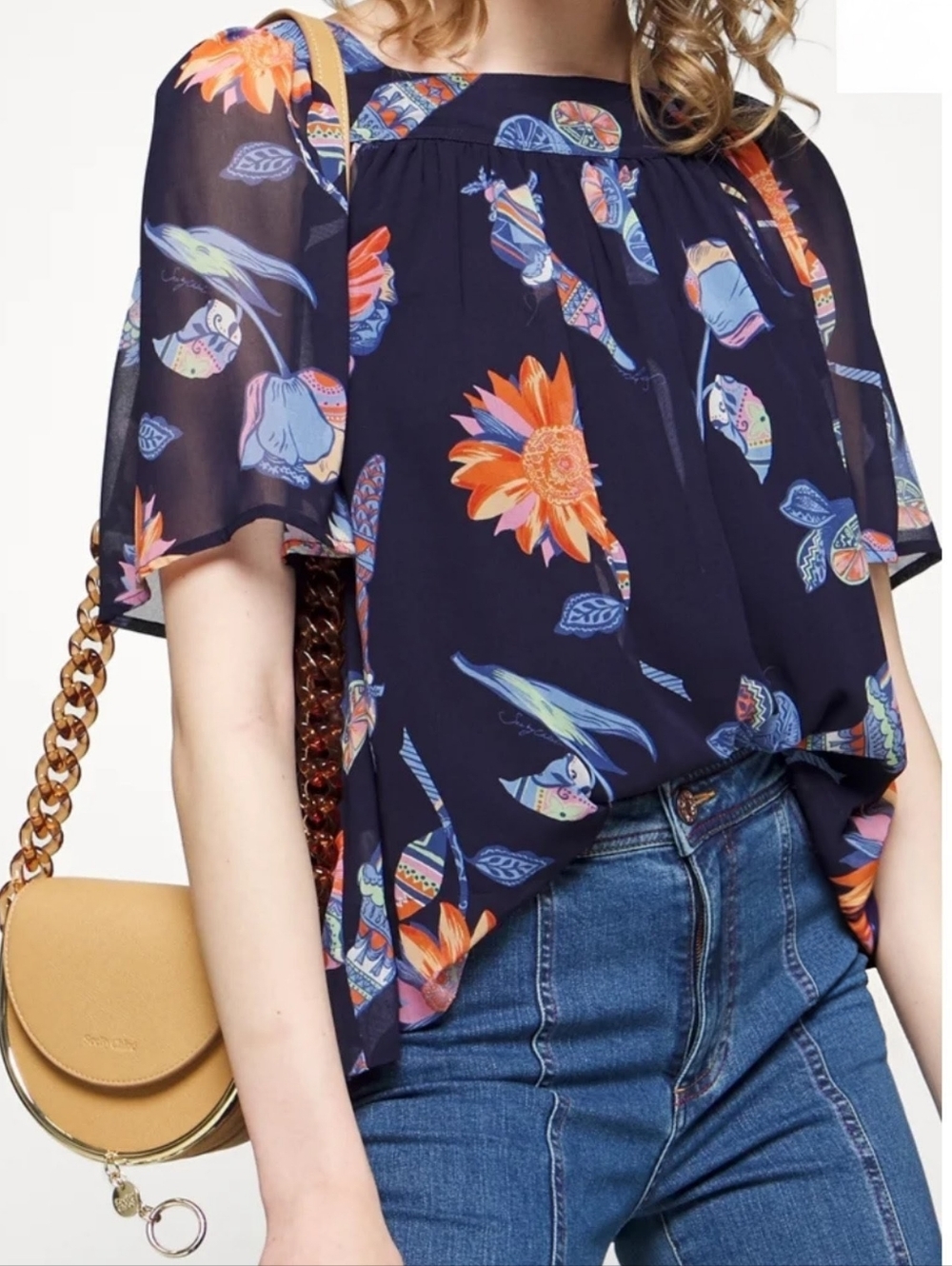 See By Chloé Navy Print Sheer Blouse Women's Large Flutter Sleeves Pleated - Picture 1 of 9